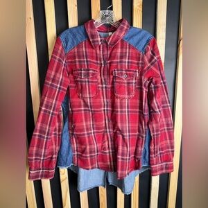 Free People Women’s Large Red/Blue Denim Button Up Flannel